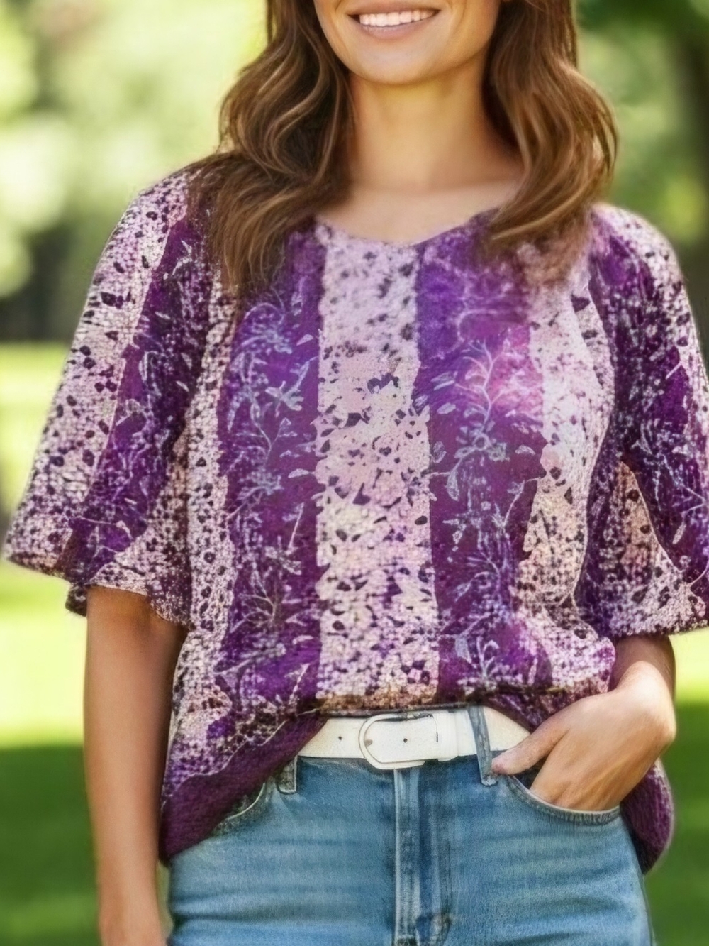 Rachel Zoe Purple Floral Cotton Split Neck Peasant Blouse Size L - Picture 1 of 9
